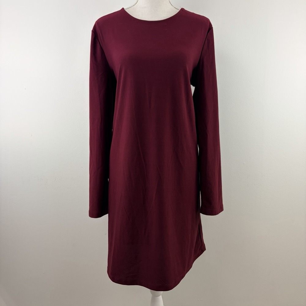 Women's Mango Basics Burgundy Shift Dress Long Sleeve Button Shoulder XL